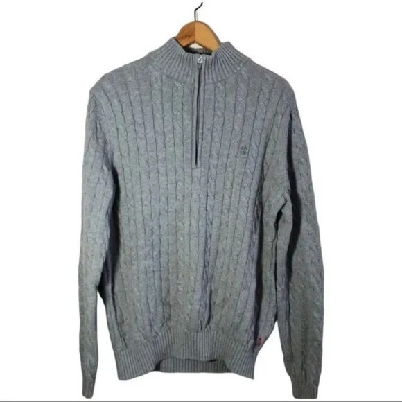 IZOD MEN'S GRAY 1/4 ZIP CABLE KNIT SWEATER SIZE MEDIUM-EUC - Picture 1 of 5